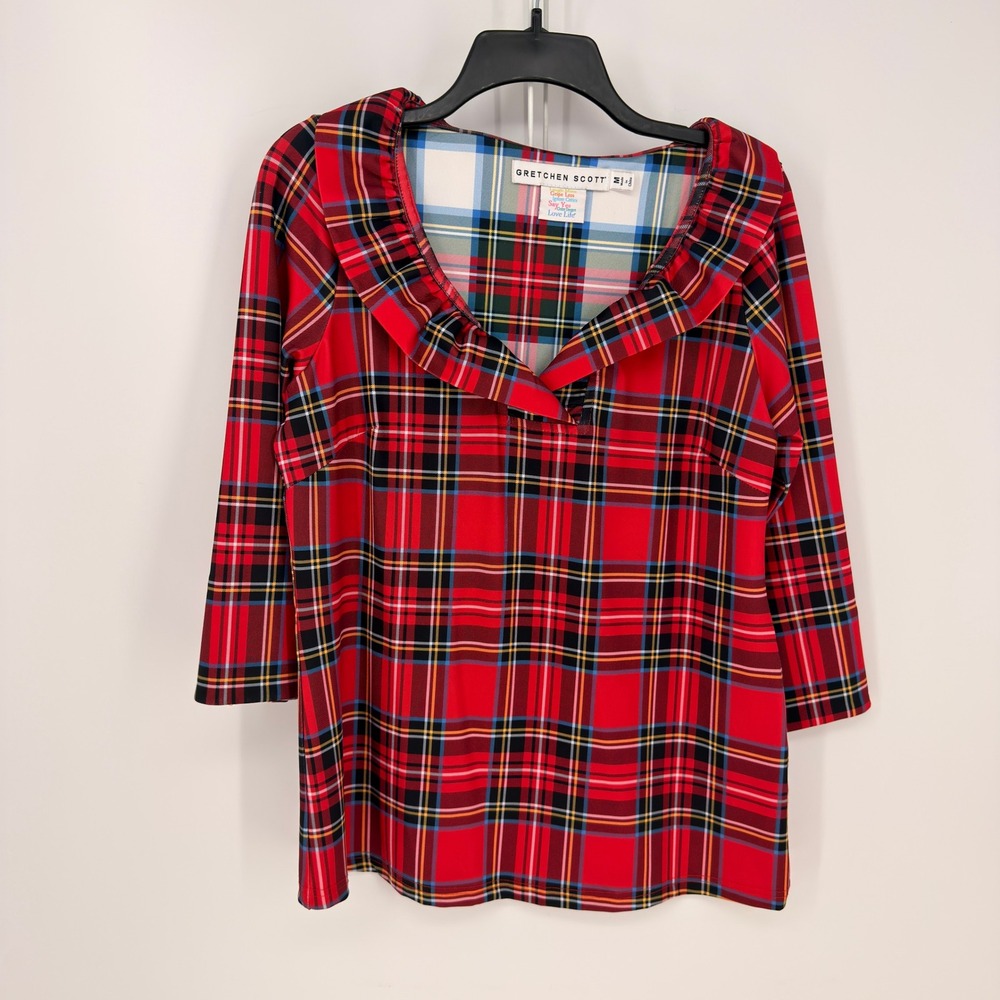 Gretchen Scott Tunic Women M Red Tartan Plaid Ruffle V-Neck 3/4 Sleeve Preppy